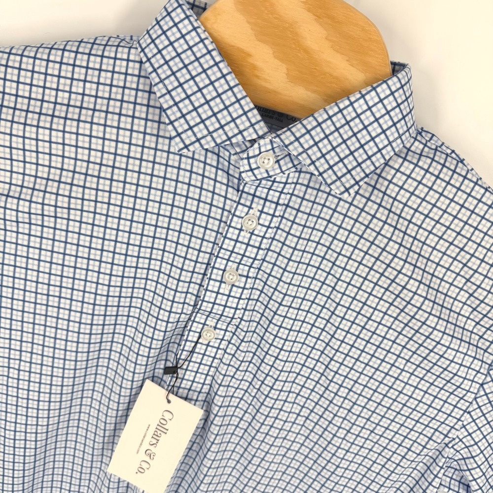 Collars & Co Semi Spread Dress Collar Polo Shirt Mens L Tall Blue Tattersall NEW